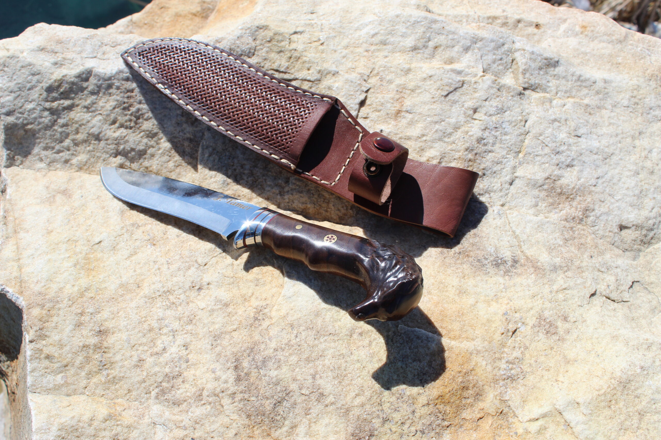 Carved Eagle head hunting knife